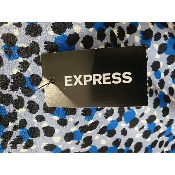 Express Blouse Top Womens Medium Blue Abstract Print Long Sleeve V-Neck Pullover - Picture 5 of 13